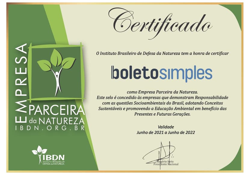 Certificado Empresa Parceira da Natureza 2022