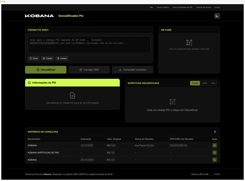 Interface do Decodificador PIX Kobana
