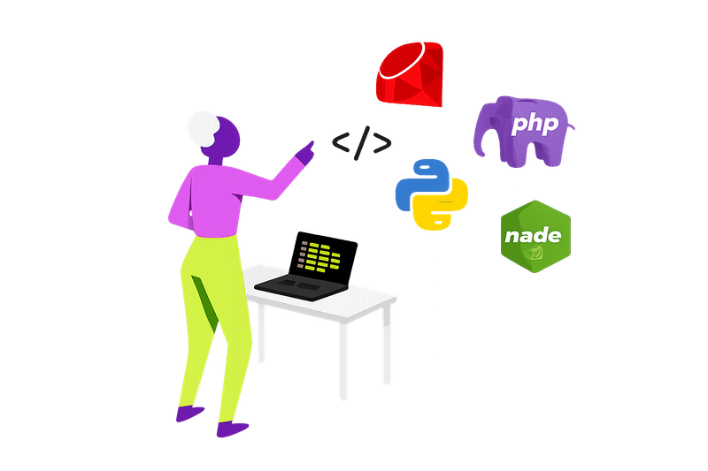 Ilustração de desenvolvedor com logos de Ruby, PHP, Python e Node.js
