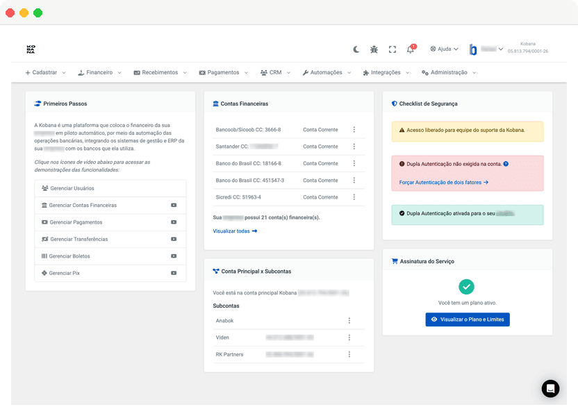 Dashboard de boas-vindas do Gateway Bancário