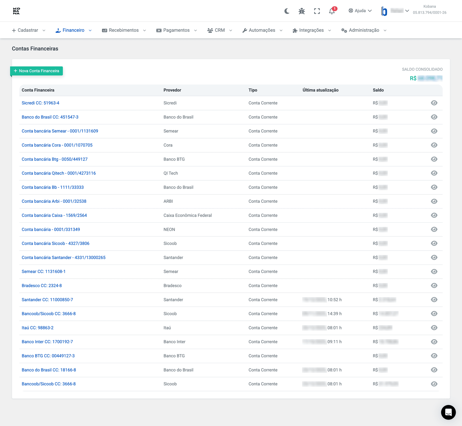 Lista de contas financeiras centralizadas na Kobana